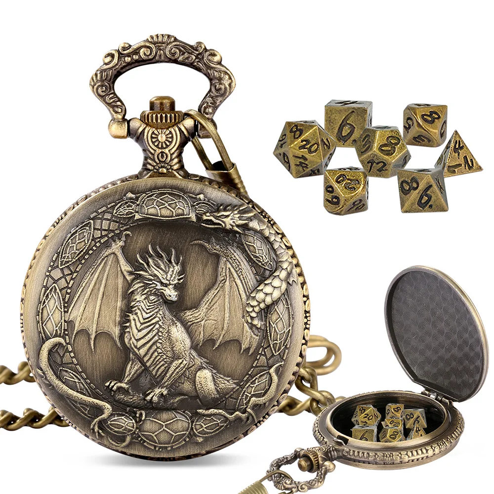 5PCS Dragon Embossed Pocket Watch with 35PCS Mini Metal Polyhedral Dice Set, Vintage RPG DnD Dungeons and Dragons Gaming Dice
