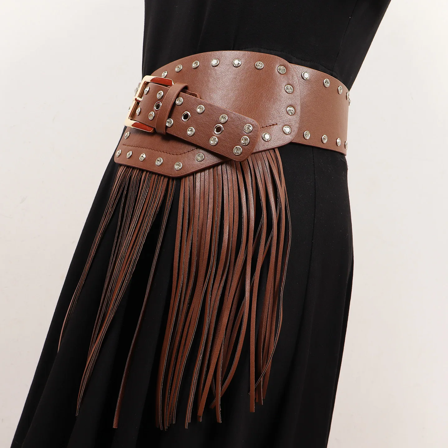 Punk Rivet Bound Leather Belt Fashionable Fringes Western Denim Waist Belt Women's High End Accessory Waistband