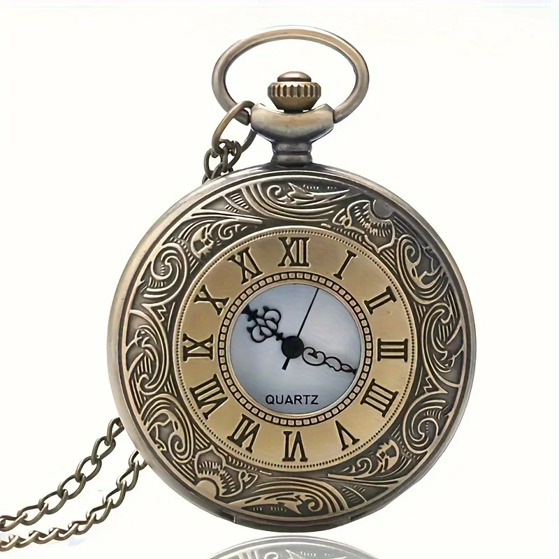 Vintage Bronze Quartz Pocket Watch Roman Numerals Scale Pendant Necklace Chain Clock Gift for Men Women Collectible Accessory