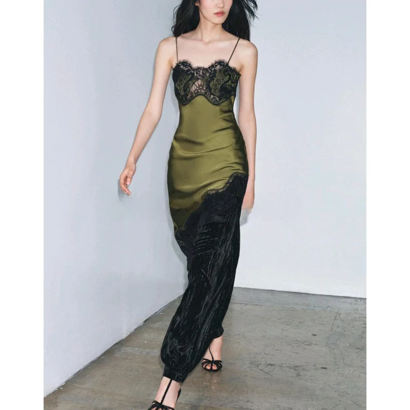 Asymmetric Color Blo Lace Trim Silk Satin Feel Dr Women's Faion Commute Sle No Sve round Ne Bodycon Dr