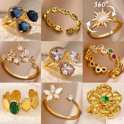 Luxury Gemstone Flower Stainless Steel Rings Zircon Adjustable Ring Women Wedding Anti Fading Jewelry Vacation Accessories Gift