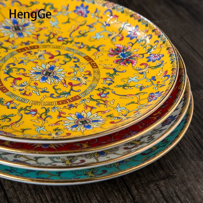 Chinese Ceramic Plates Golden Stroke Enamel Decorative Porcelain Dinner Plate Dinner Steak Pasta Dishes Restaurant Serving Tray