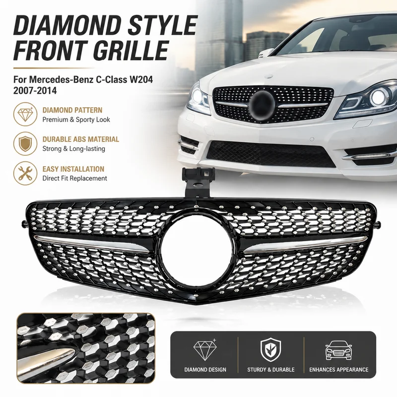 For Mercedes-Benz C-Class W204 2007-2014 Front Bumper Grille Diamond Star Style Gloss Black Mesh Insert Aftermarket