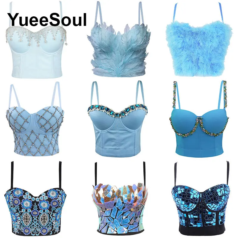 الأزرق المحاصيل القمم الفاخرة حفل زفاف نادي الشاطئ رداء علوي من دون أكمام للنساء 2025 صيف جديد Y2K الحلو لطيف مثير مشد بوستير الشارع الشهير