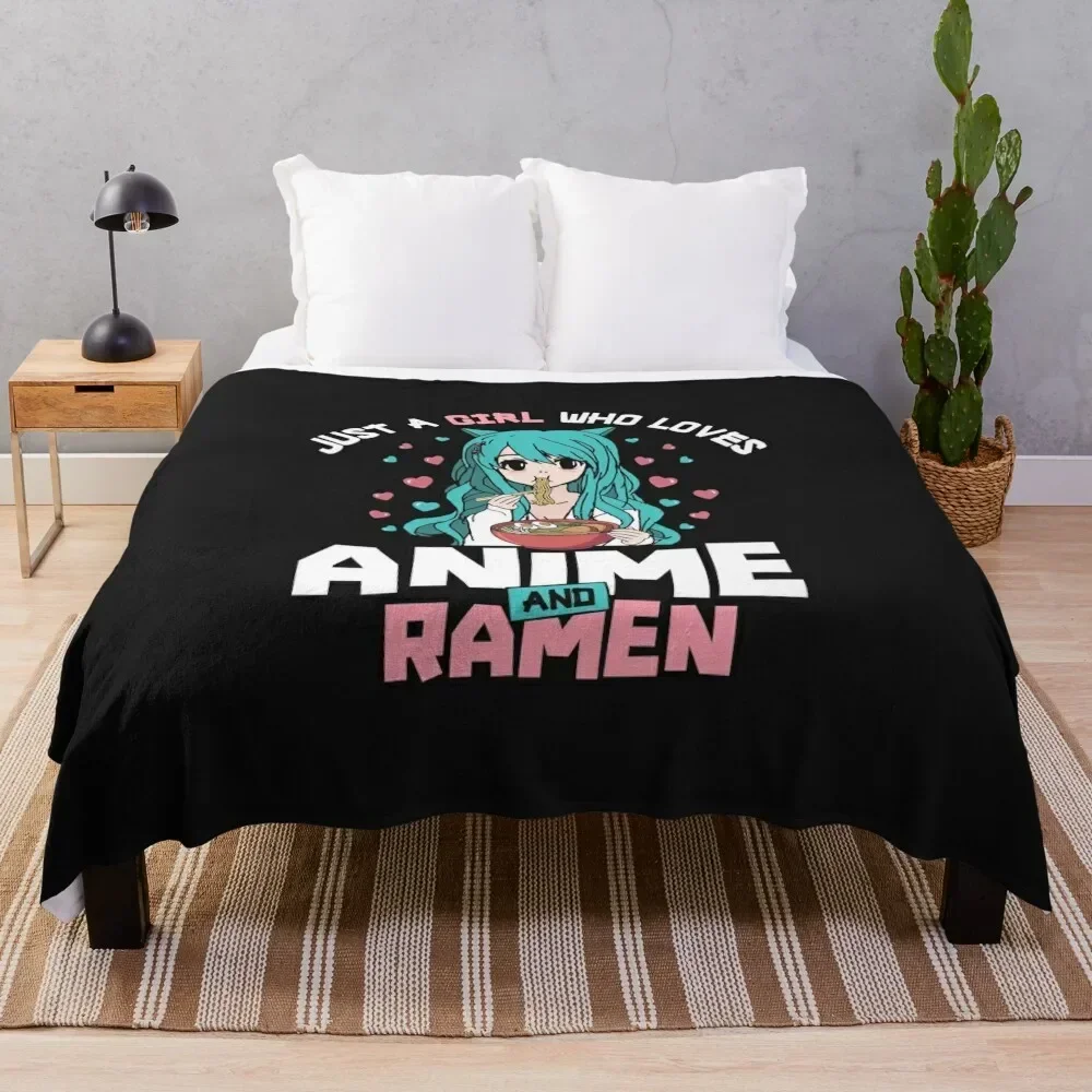 Just A Girl Who Loves Anime And Ramen Noodles Japanese Manga Lover Kawaii Cat Ears Girls Gift Throw Blanket Cute Plaid Blankets