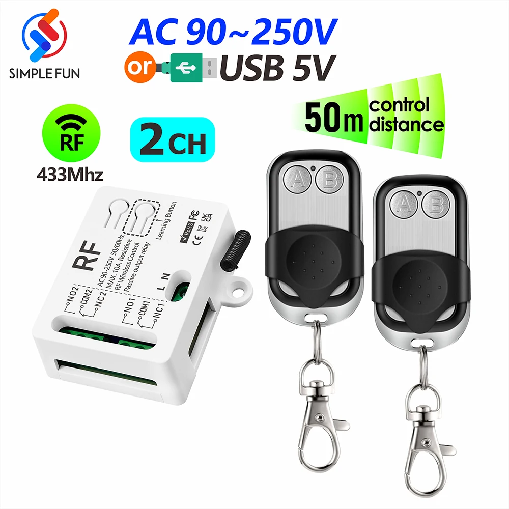 

433MHz Wireless Remote Control Switch 2 CH,AC 110V 220V or USB 5V RF Relay Receiver,50m Range,for Light/Motor/Garage Door Opener