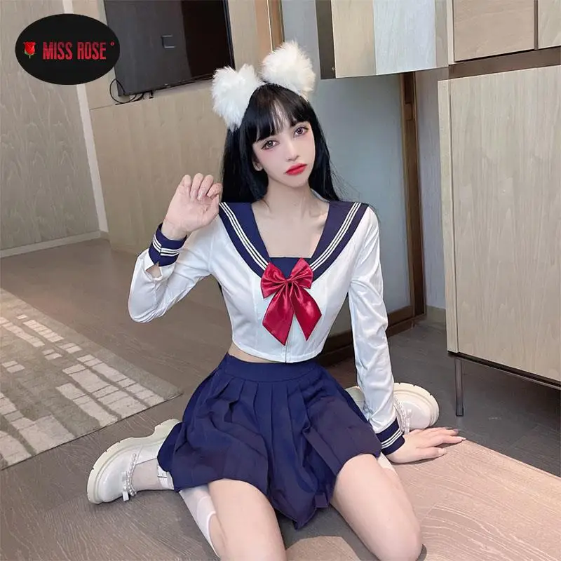 School Girl Uniform Set Jk Pleated Skirt Women Y2k High Waist Skirt Sexy Blue Pajamas Female Kawaii Harajuku Short  Mini Skirt