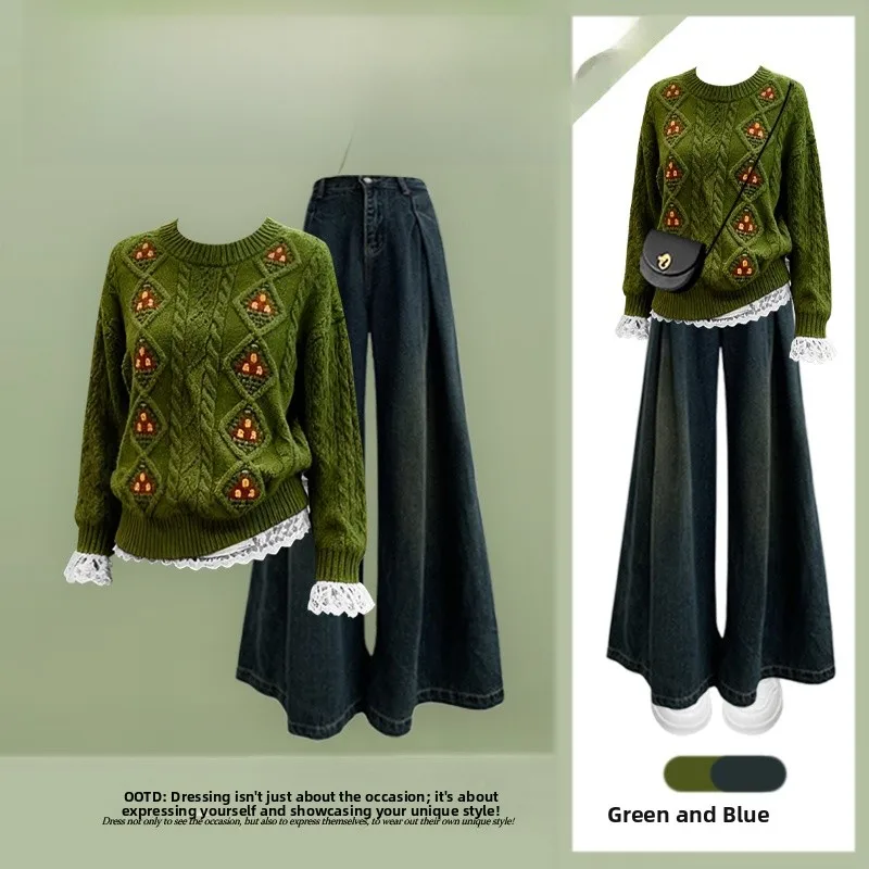 

Anti-Aging Knitted Sweater High Waist Jeans Slim Fit Top Tee-Piece Set for Women Winter Faion Ensemble Casual Chic