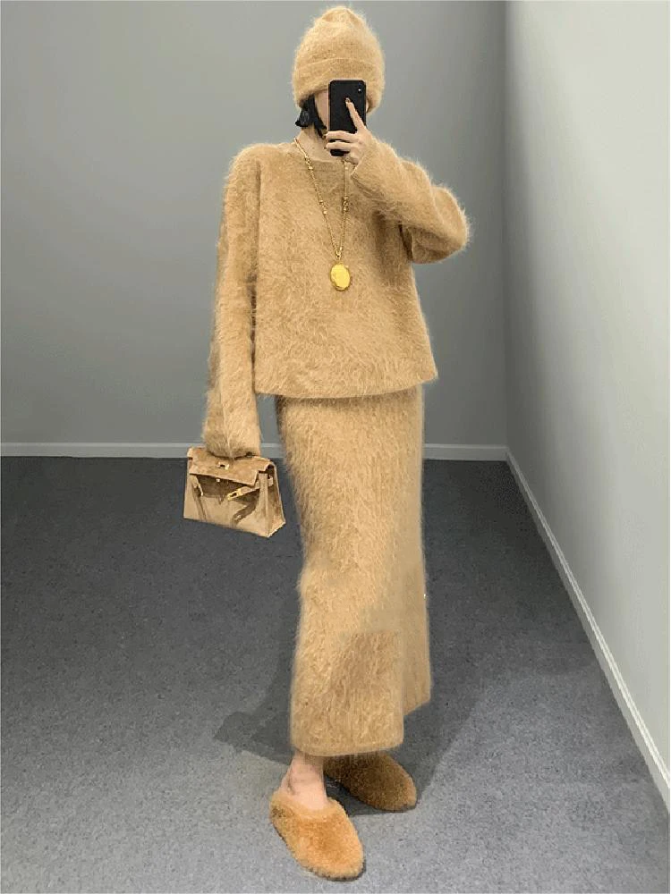 2024 Elegant 2 Piece Skirt Set Women 2023 Autumn/Winter Solid O-neck Long-sleeved Sweater Long Skirt Sets New Knit Pullover Top