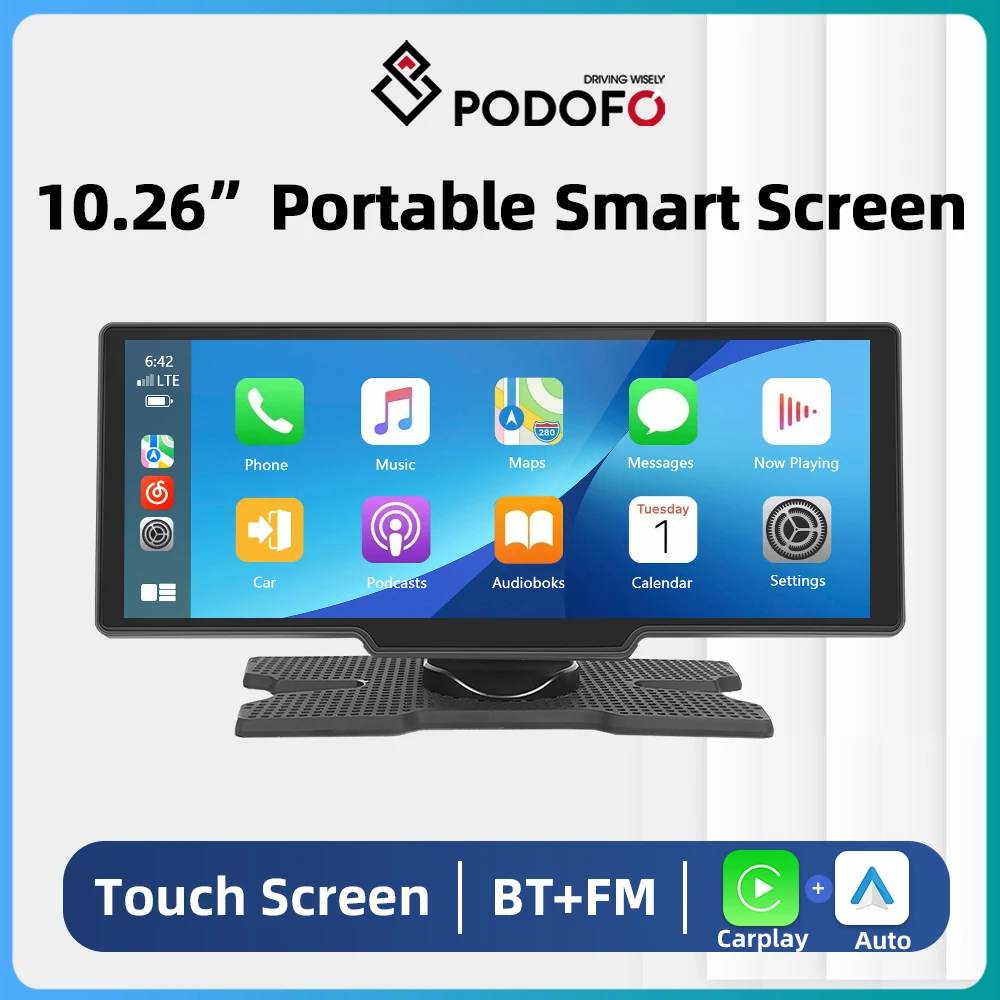 

Podofo Portable Smart Player 10.26 " Carplay & Android Auto MP3 Player With Voice Control BT FM Mirror Monitor