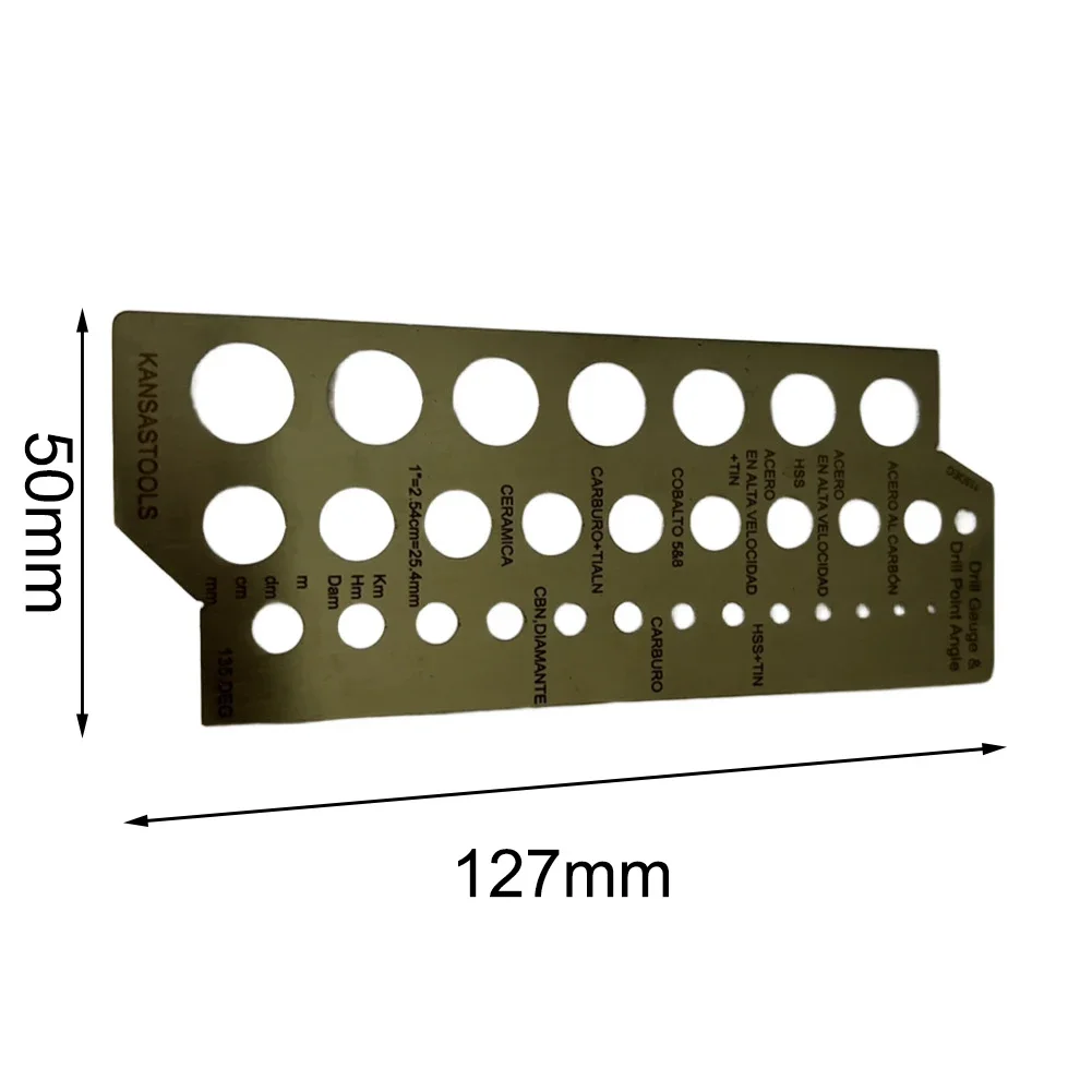 Stainless steel drill gauge with 30 etched holes for measuring drill bits and checking 135 and 118 degree angles