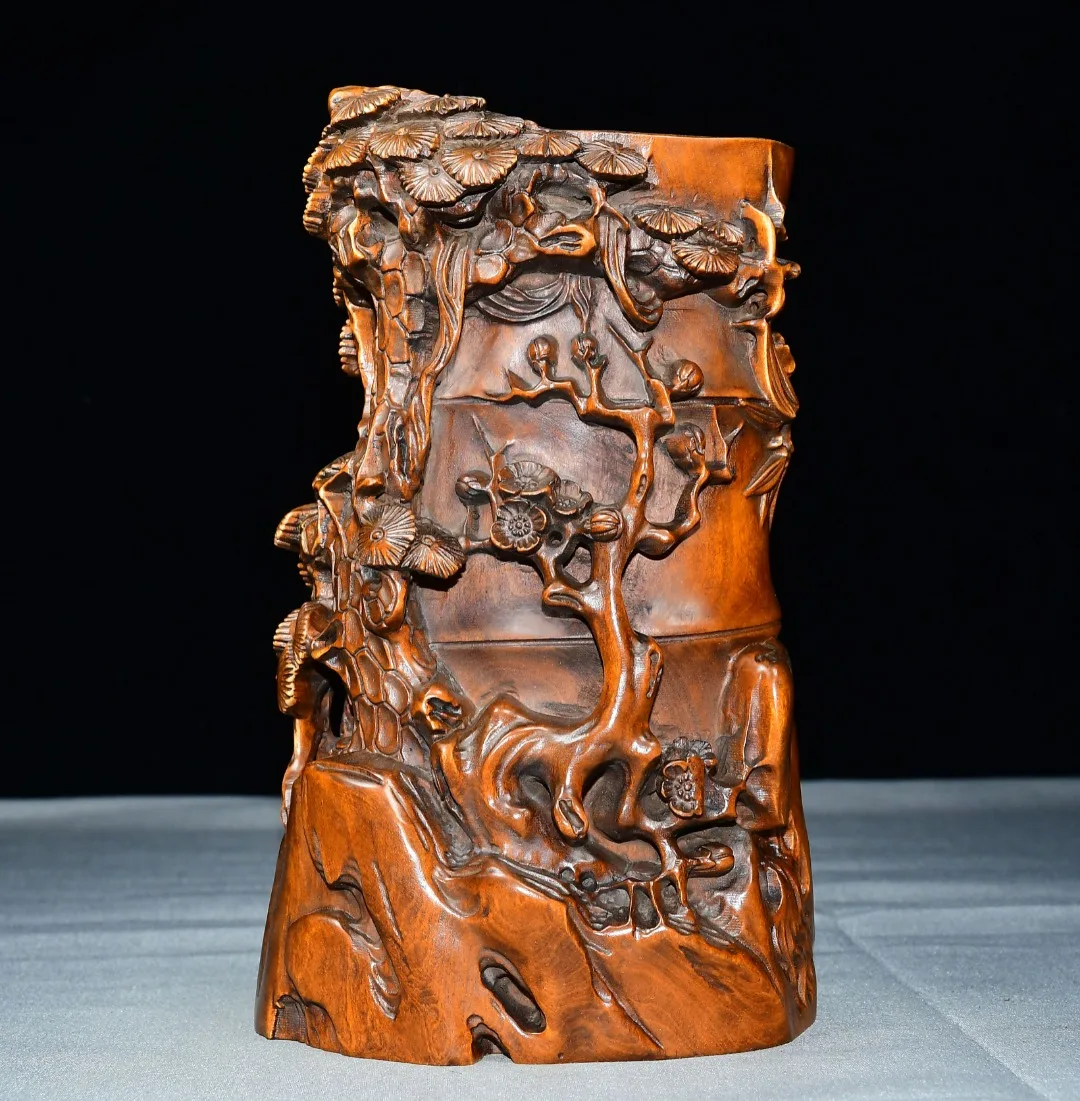 Folk Collection Old Boxwood Time Three Cold Pen Holder pine and cypress Plum blossom pattern pen holder Study Amass wealth