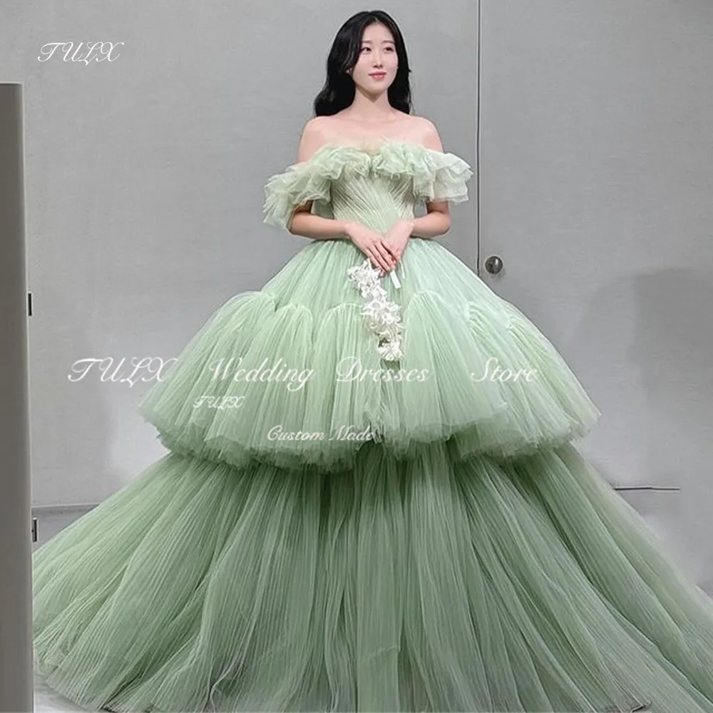 Tulx Luxe Tule Groen Gezwollen Huwelijksfeest Korea Fotoshoot Jurk Off Shoulder Lange Gelaagde Bruids Korset Avondjurk Op Maat