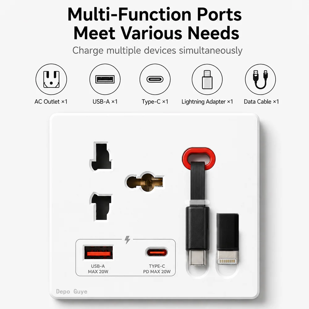 Universal 20W USB Type-C Socket Panel With Expandable Charging Cable Outlet, Mobile phone charging Type-c Socket 86 Type