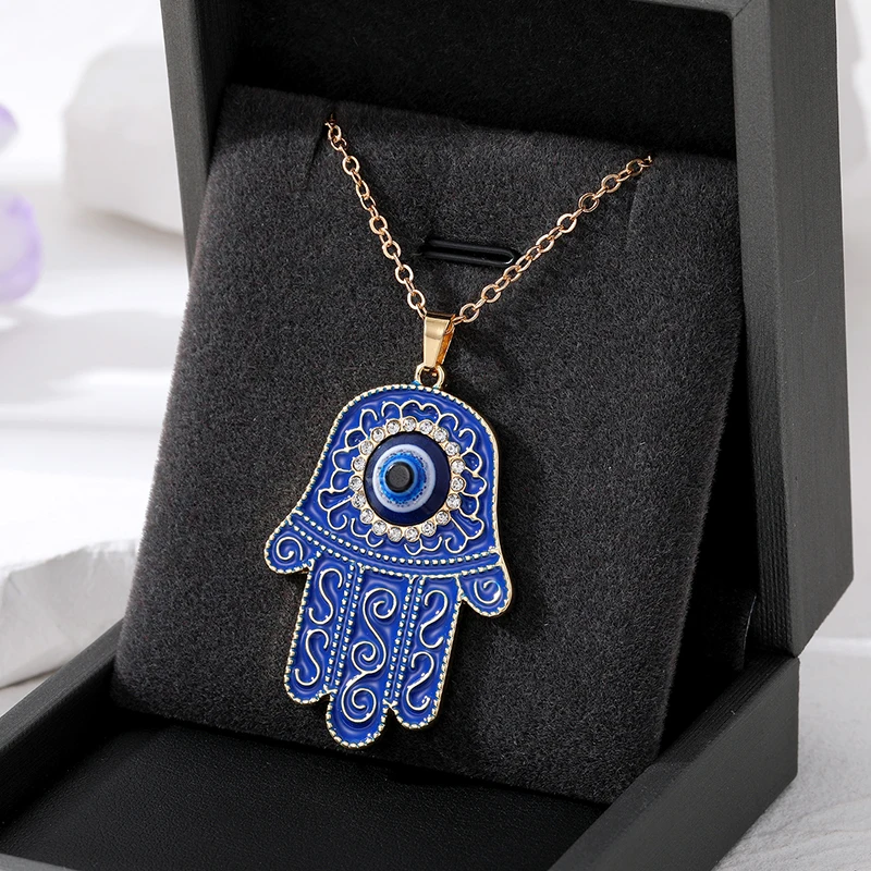 Enamel Retro Turkey Eye Hamsa Hand Necklace Women Men New Hollow Ethnic Zircon Blue Evil Eye Fatima Hand Sweater Chians Jewelry