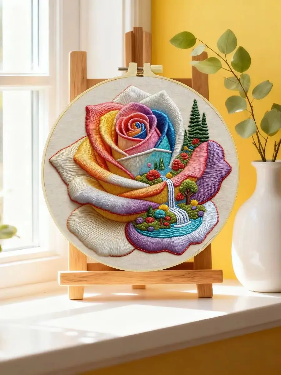 1 Stück 20X20CM/15X15CM 7,87/6,3 Zoll Farbige Rosen Stickerei Starter-Kit DIY-Kit DIY-Stickerei-Set Handarbeiten Heimdekoration – Detail 6
