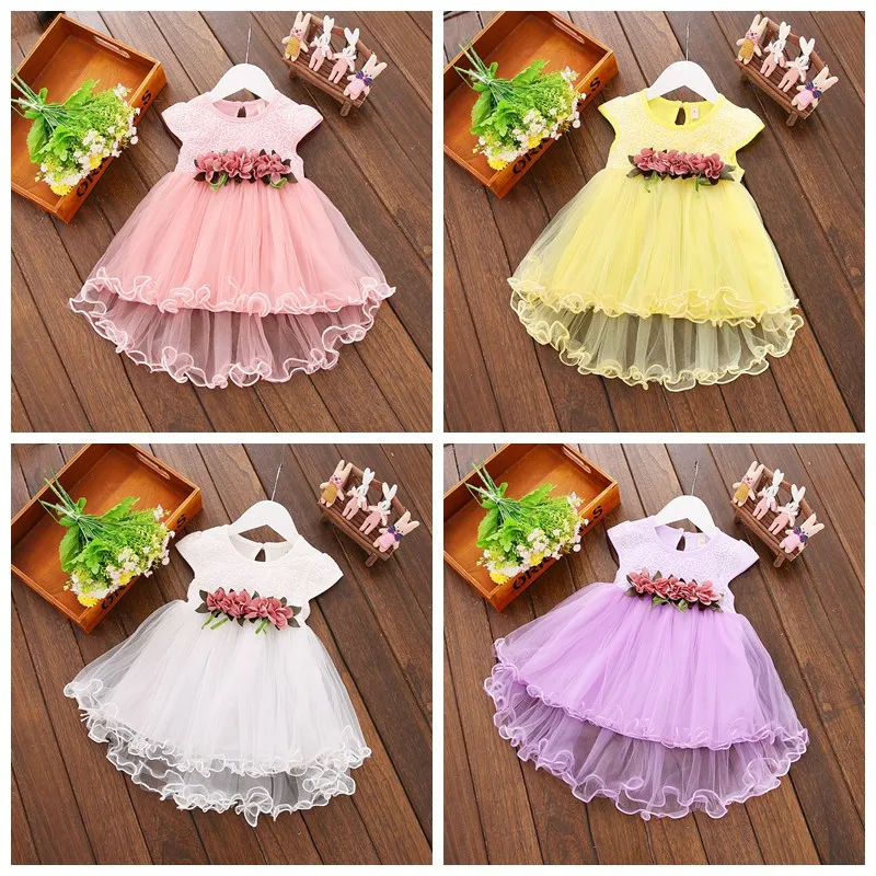 Infant Baby Girl Dress Clothes Summer Floral Sleeveless Cotton Princess Party Dresses Mesh Gown Girls Dress Kids Puffy Skirt