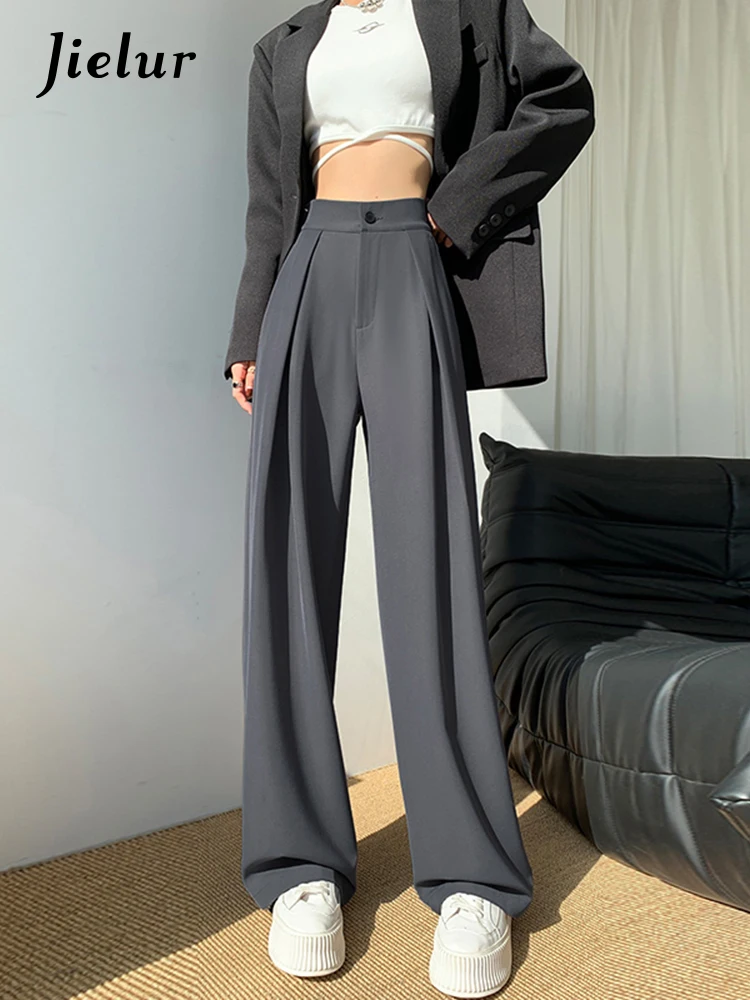 Jielur Casual Grey Wide-leg Pants Women Harajuku Spring High-waist Loose Black Floor Pants Lady Straight Korean Trousers Female