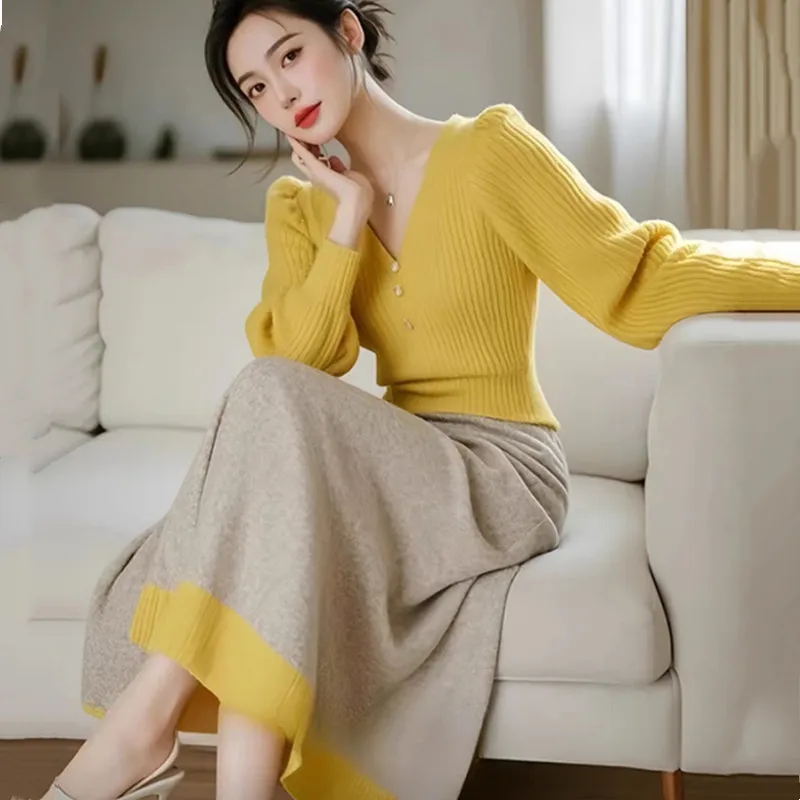 Autumn and winter new socialite temperament casual suit V-neck long sleeved knitted top+skirt two-piece set