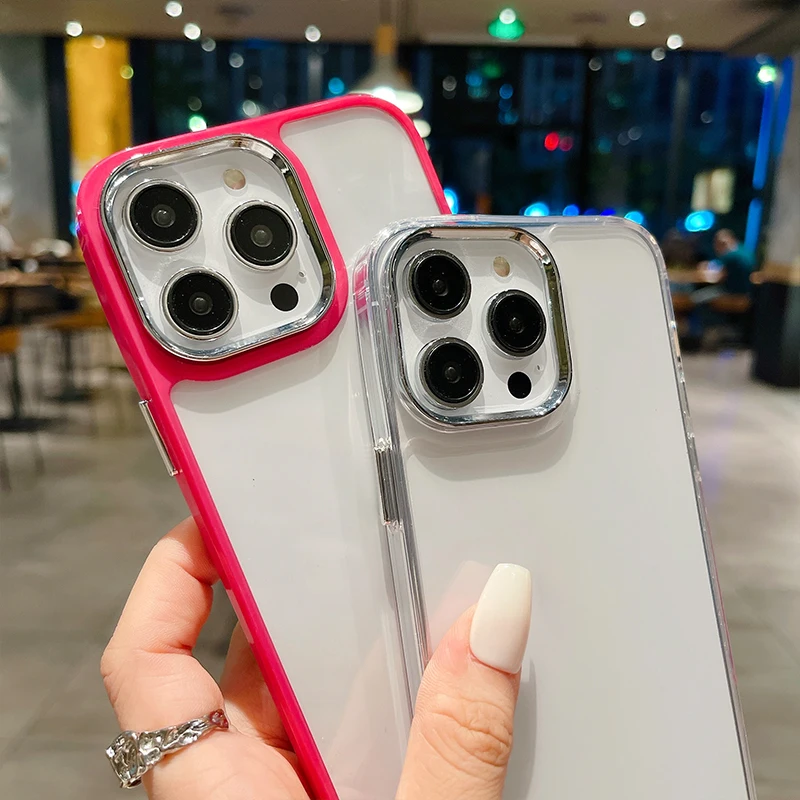 Newest Luxury Shockproof Transparent Case For IPhone 14 13 12 11 Pro Max Metal Lens Camera Protection Pink Color And Clear Cover