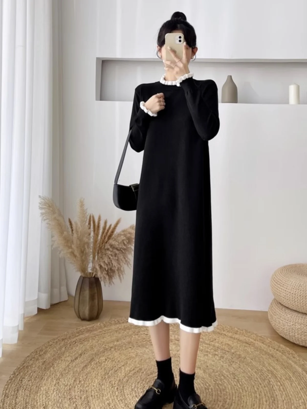 

Вязаное платье размера плюс, свободное прямое корейское платье с длинным светом, повседневное осенне-зимнее модное платье для женщин больших размеров