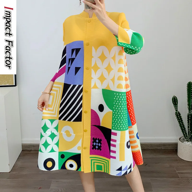 

Miyake High End Dress, Elegant Spring and Autumn Dress, Women's 2024 Early New Loose Fold Printed Shirt Skirt