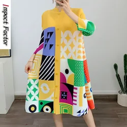 Miyake High End Dress, Elegant Spring and Autumn Dress, Women's 2024 Early New Loose Fold Printed Shirt Skirt
