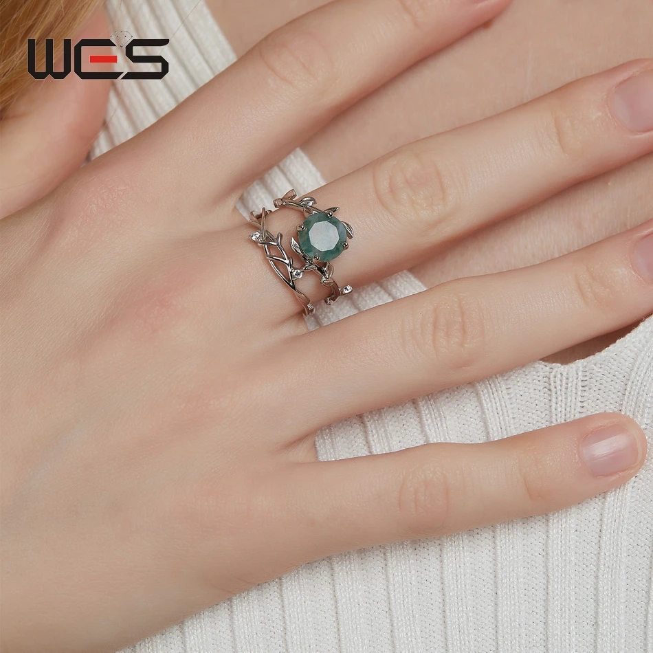 WES 925 Silver Unique Olive Branch Natural Gem 8*8mm Moss Agate Adjustable Ring Sets For Women Wedding Gifts Dainty Fine Jewelry