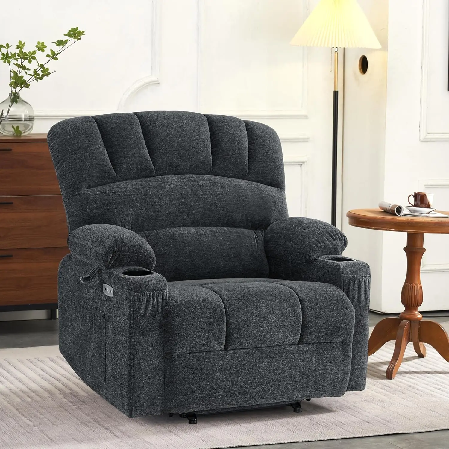 Power Lift Recliner Chair Sofa and Heat for Big Elderly People Cup Holders USB Ports Side Pockets Fabric R7096