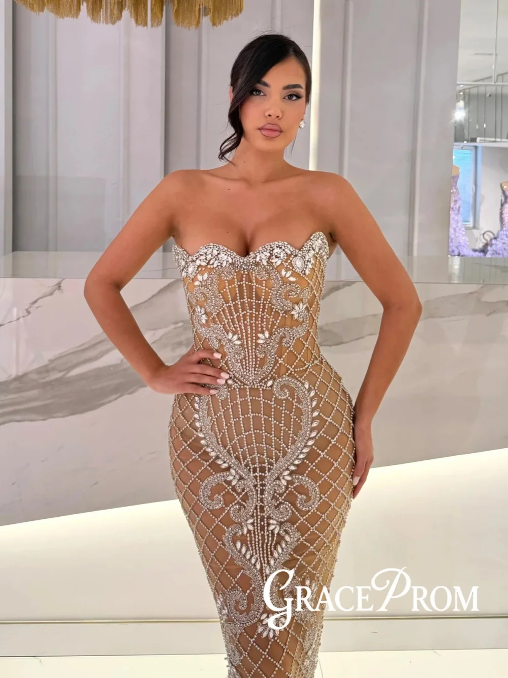 

Длинное вечернее платье с серебряными бусинами и эффектом иллюзии, великолепное прямое свадебное платье с кристаллами, потрясающие платья для красной дорожки на заказ