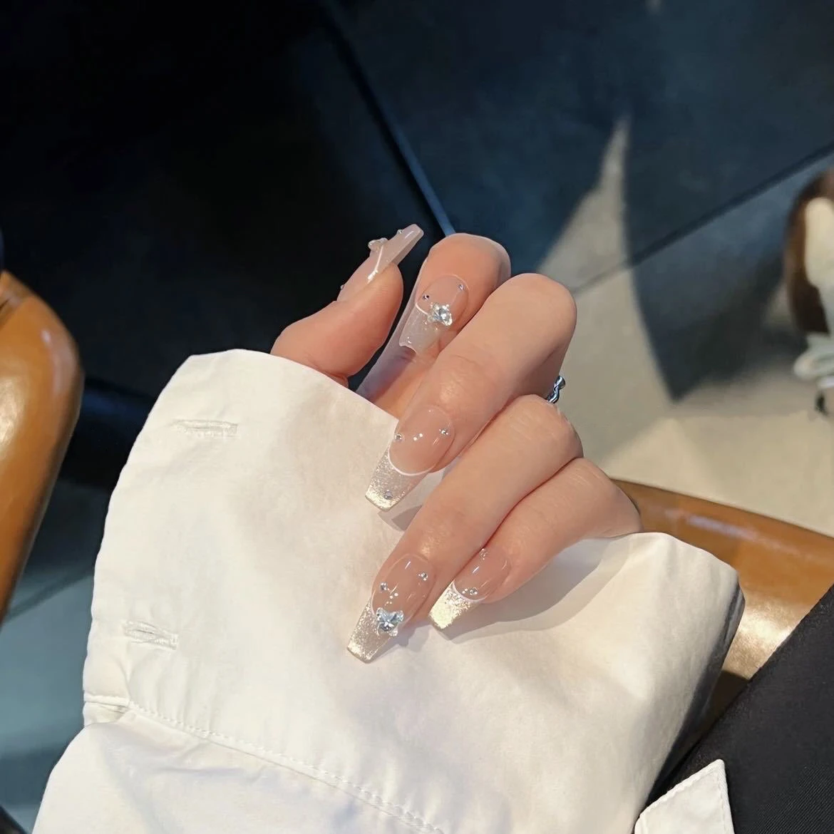 Handmade Elegant Press on Nails Cat Eye French Manicure With Rhinestone False Nails Acrylic Artificial Manicure Long Coffin