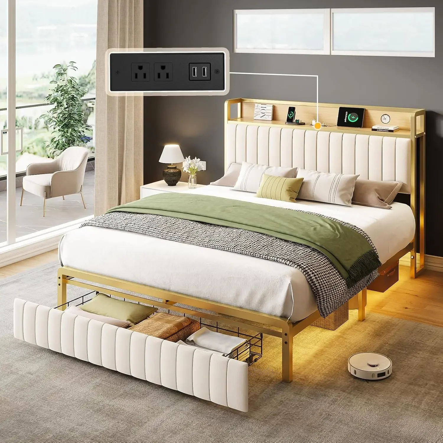 Full Size Bed Frame with Motion Activated Light, LED Platform Bed with Integrated Drawer and Storage Headboard, Charging Station