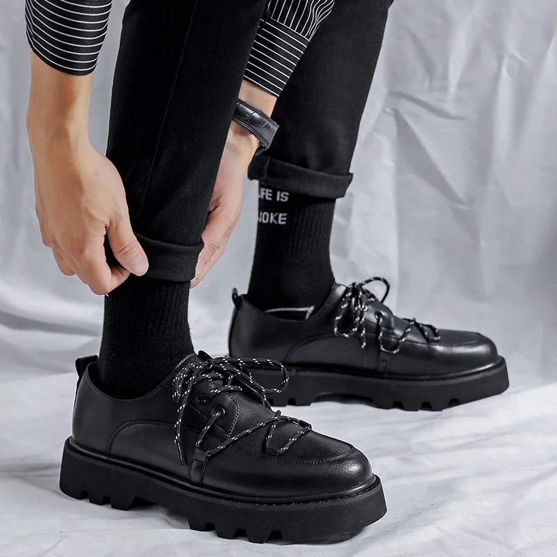 

2023 Men's Japan Karajuku Korean Style Fashion Streetwear Thick Platform Casual Black Leather Shoes Lace Up Dress Leather Shoes