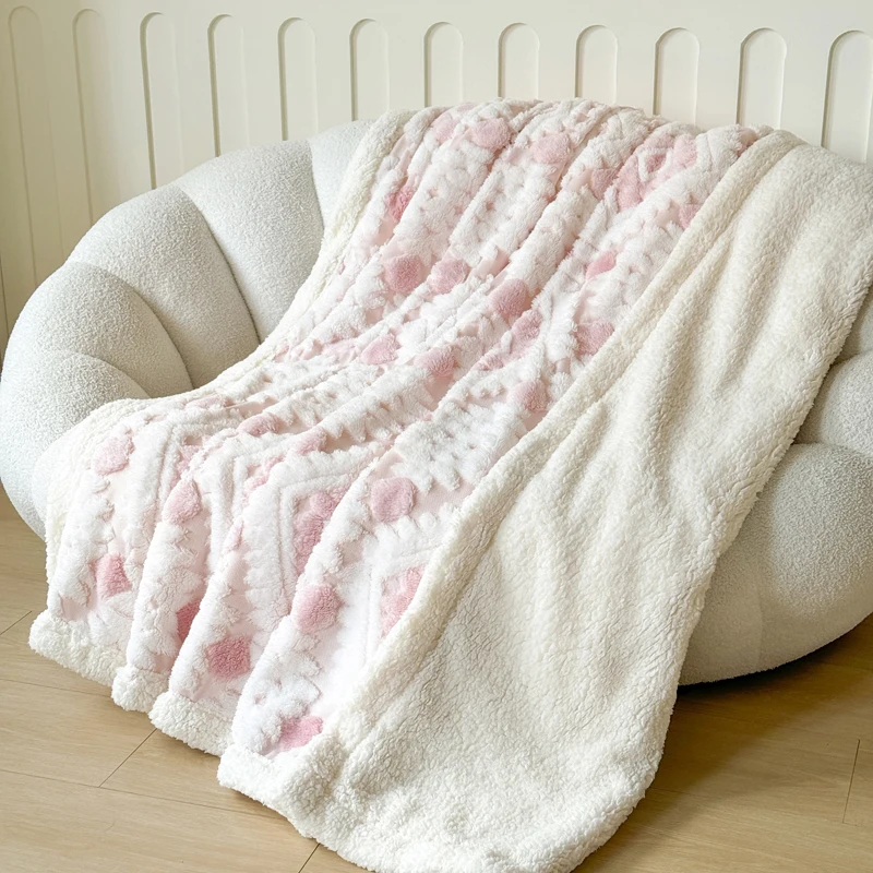 

Double Layered Lamb Velvet Taffeta Fluffy Blanket Ins Style Warmth Office Cover Blanket Cationic Embroidery Hollow out Design