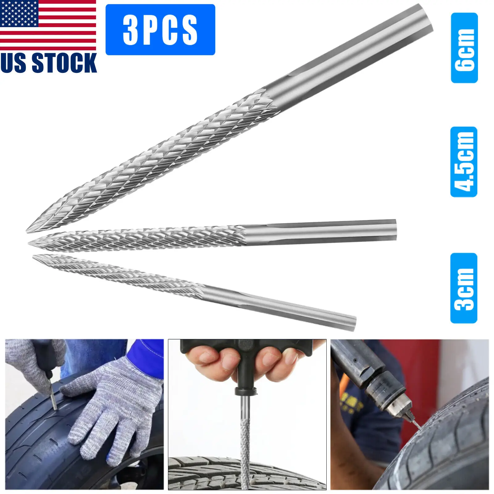 

.3X Tire Repair Carbide Burr Drill Bit Cutter Patch Plug Tool Kit 3mm 4.5mm 6mm