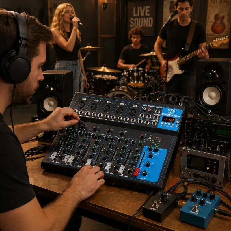 Factory Direct NXG GH Series 4/7 Channel DJ Audio Mixer, Portable Mixing Console with USB. 99 DSP Reverb Effects, USB & AUX Playback. Alloy Housing, Red/Black. For Podcasts, Broadcasting, Recording & Audio Balancing.