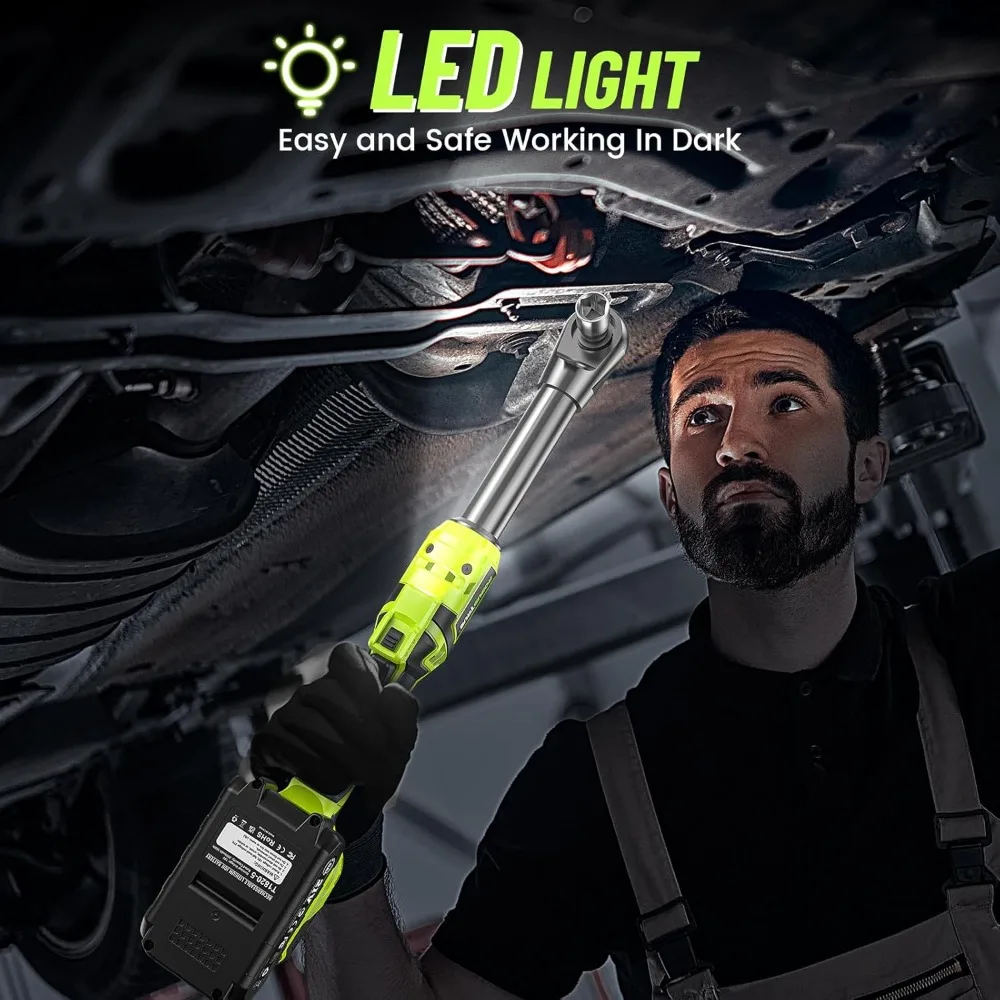 Obeng Ratchet Tanpa Kabel 3/8 inci: Torsi 58 Ft-lbs, 400 RPM, Ringan, Leher 6 inci, 2 Baterai, Soket & LED