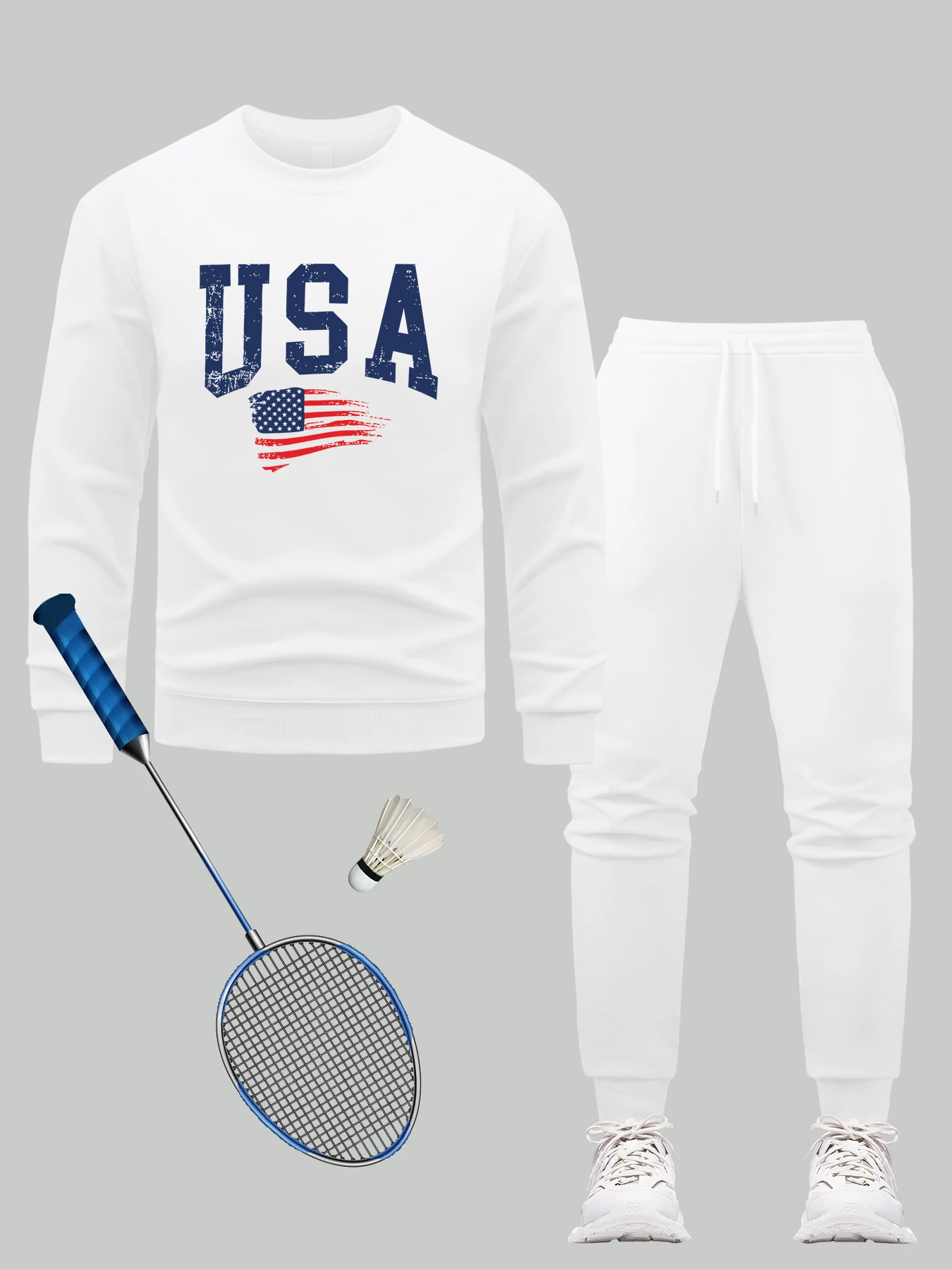 

Usa Fluttering National Flag Print Sweatshirt Set Men Autumn Hip Hop Pullover Crewneck Fleece Clothes Casual Jogging Pants