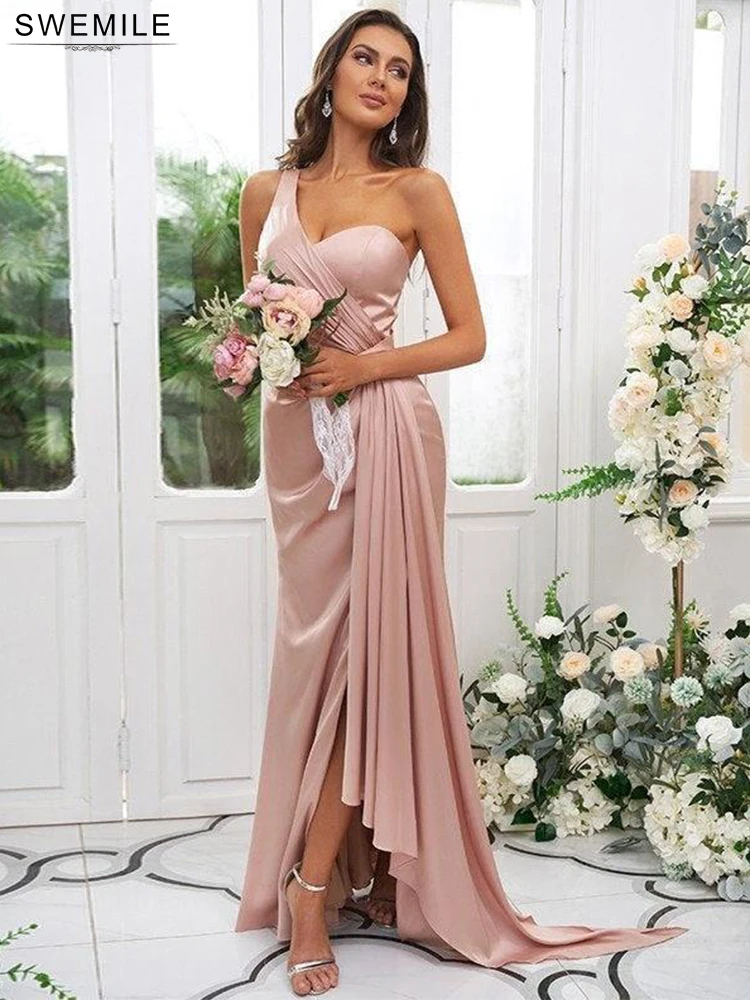 

SWEMILE Dusty Pink One ShoulderLong Mermaid With Slit Pleat Bridesmaid Wedding Guest Dress 2026 Sweetheart Neck Evening Gownss