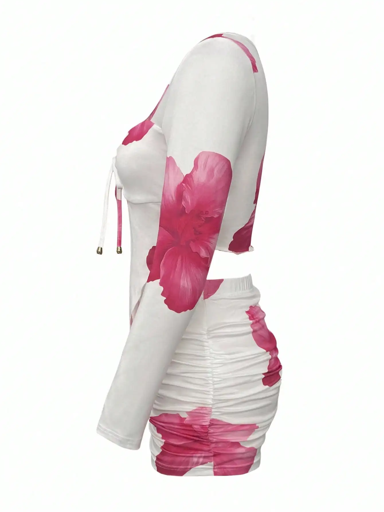 ชุดเดรสเข้ารูปแขนยาวพิมพ์ลายดอกไม้ของผู้หญิงพร้อมปมด้านหน้าและช่องเว้า ชุดมินิเดรสฤดูร้อนสุดเซ็กซี่