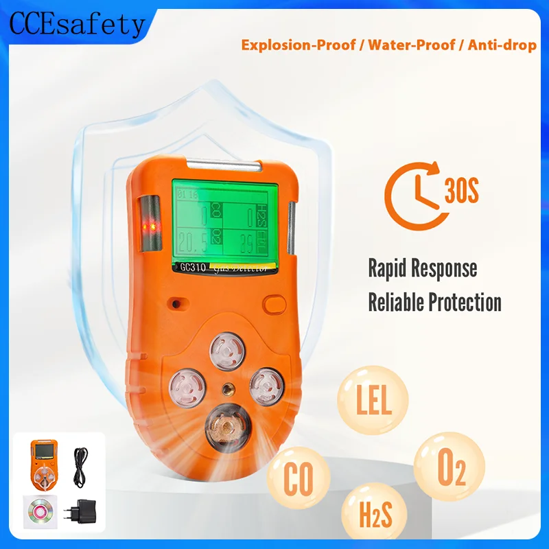 GC310 4 In 1 Detektor Gas Detektor Kebocoran Multi Gas H2S CO O2 EX Penganalisis Gas Detektor Gas Beracun Portabel LED Tahan Ledakan IP66
