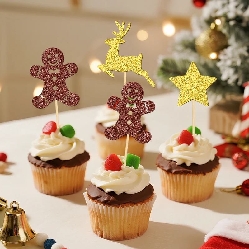 YOMDID 24 Stück Weihnachts-Kuchenaufsätze, glitzernd, Weihnachten, Hirsch, Stern, Cupcake-Topper, Party-Kuchendekoration, Weihnachtsdekoration