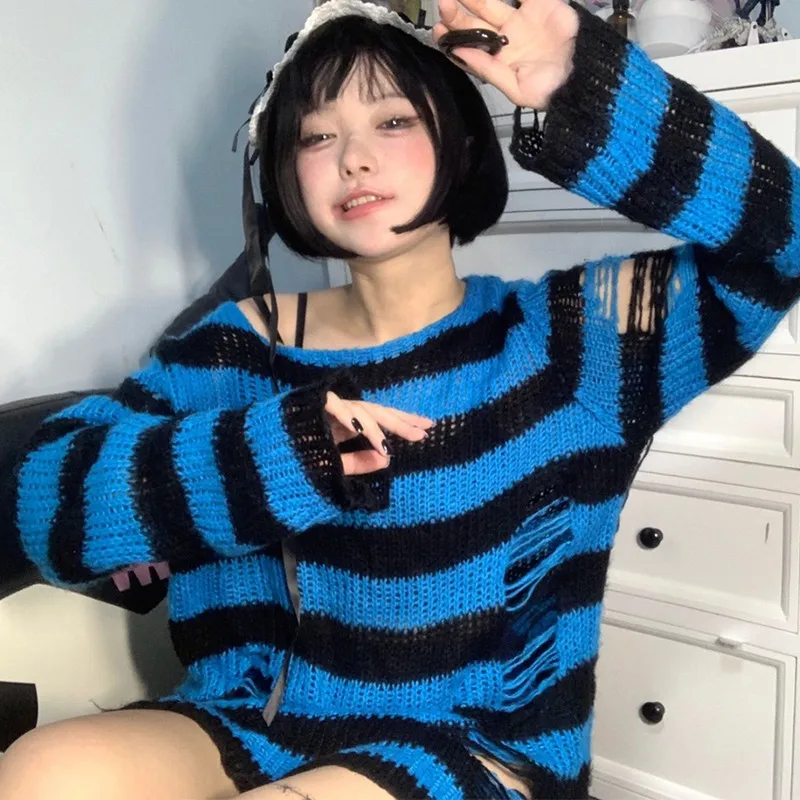 Karrram Japanese Harajuku Kawaii Pullover Y2k Aesthetics Hollow Out Striped Sweater 2000s E-girl Cute Knit Jumpers Fairy Grunge