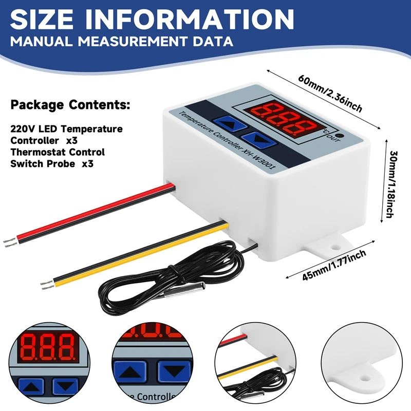 AB47-3Pcs 220V 10A numérique LED régulateur de température Thermostat interrupteur de commande sonde