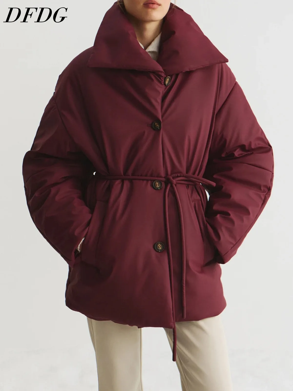 DFDG Women Drawstring Waist Puffer Jacket Wide Lapel Collar Double Breasted Loose Warm Quilted Coat Winter Casual Outerwear