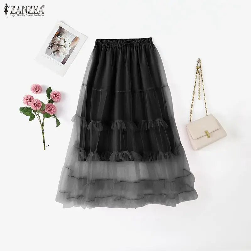 

Элегантные женские летние юбки ZANZEA, длинная юбка трапециевидного кроя с эластичной резинкой на талии, прозрачная лоскутная уличная одежда, повседневные плиссированные платья
