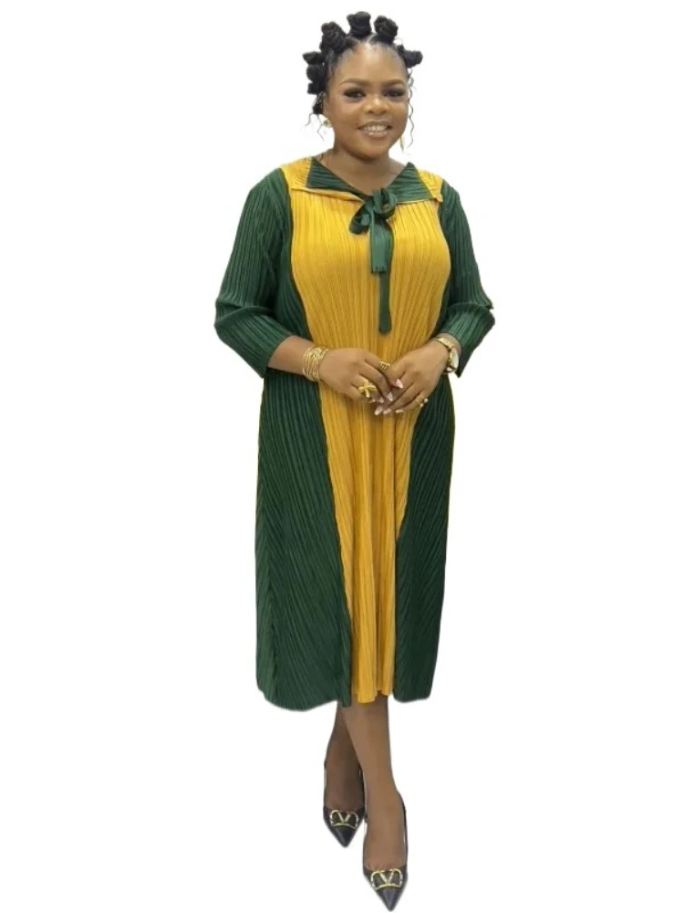 

Pleats Wholesale New Color Matching Dress Lapel Tie Temperament Loose Women's Medium and Long Dresses 2025 Festival Dresses