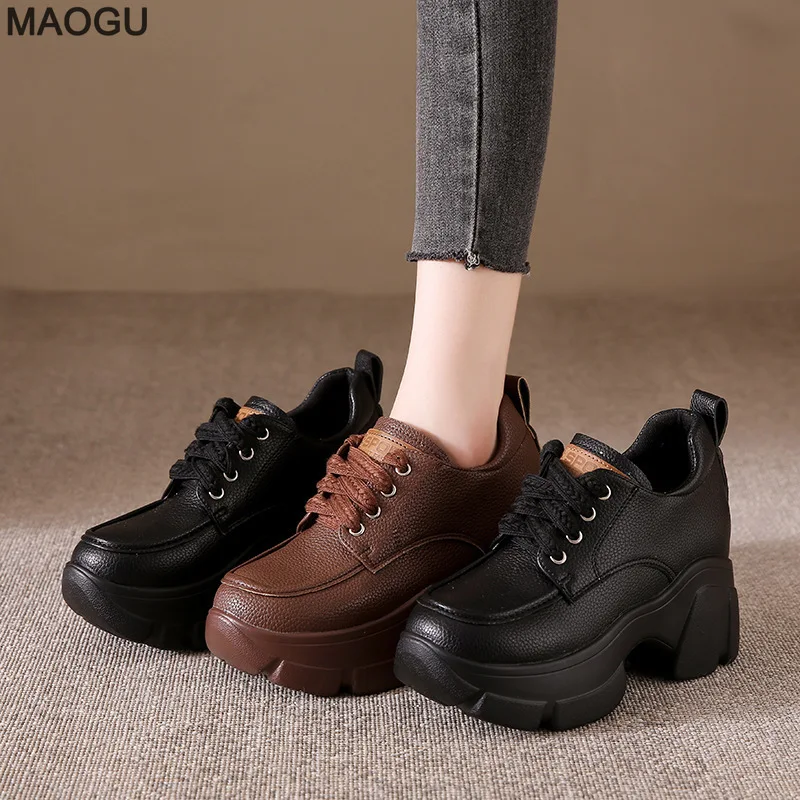 

Height Increasing Sports Casual Shoes Spring Autumn New Lace Up Leather Sneakers Versatile Platform Chunky Sole Women's Footwear