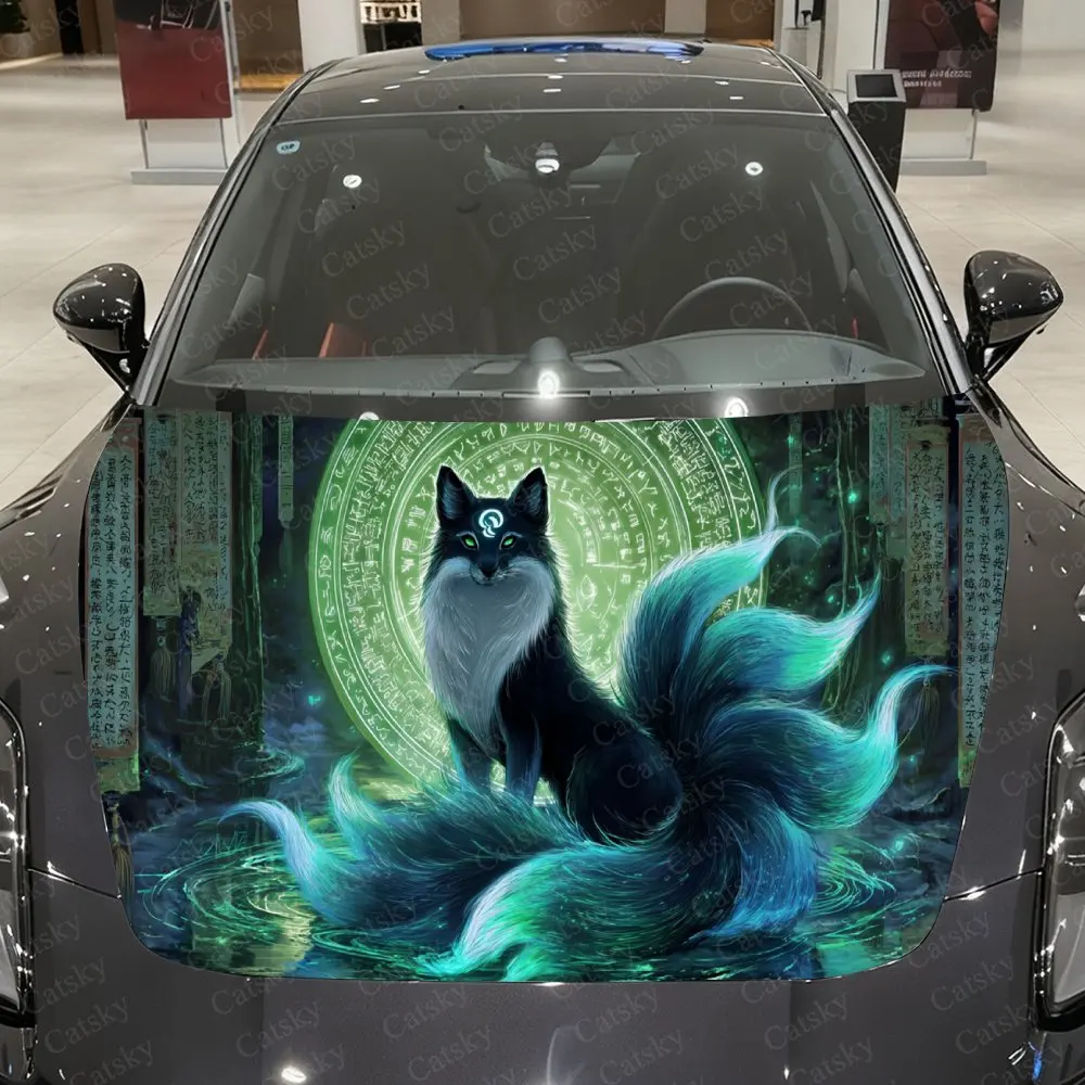 Moon Array Azure Tail Spirit Fox Car Vinyl Wrap, PVC Waterproof Car Hood Sticker, Self-Adhesive Scratch-Resistant Stickers