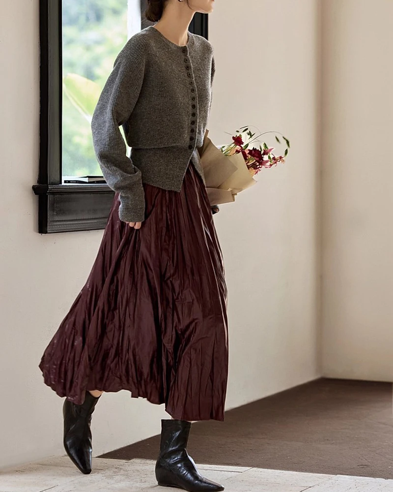 

Винтажная плиссированная юбка из искусственной кожи с высокой талией для женщин, длинная, с карманом и эластичным поясом, подходит для осени и зимы